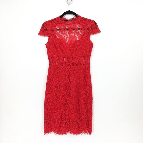 Saylor Anthropologie Women XS Jane Dress Rouge Red Lace Illusion Neck Bodycon - Picture 3 of 6